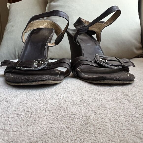 Stuart Weitzman Brown Leather  Fabric Wedge Heel Sandal Women 8.5 Buckle Casual - Picture 10 of 16